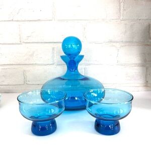 Vintage Blue Bulbuls Italian Decanter Set 2 Glasses & Bottle with Stopper MCM
